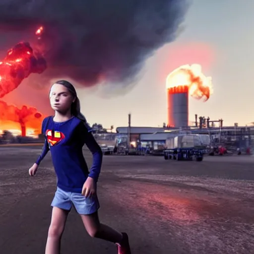 Prompt: epic photo of greta thunberg flying as superman realistic backlit background oil refinery explosions and black smoke. cinematic realistic photographic epic lighting