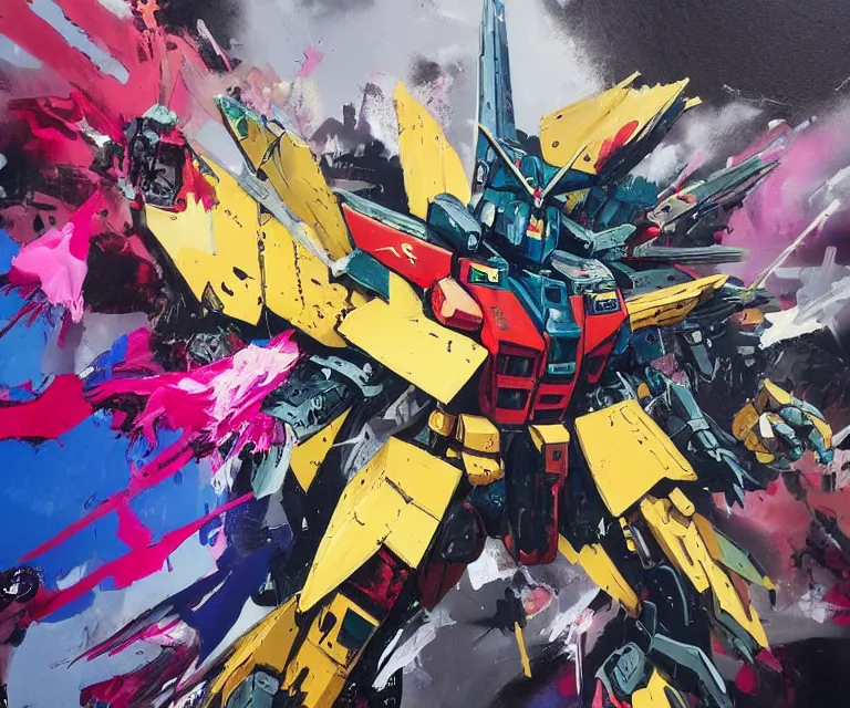 Image similar to acrylic and spraypaint action portrait of a giant gundam battling in space, explosions, graffiti wildstyle, large brush strokes, painting, paint drips, acrylic, clear shapes, spraypaint, smeared flowers, origami crane drawings, large triangular shapes, painting by ashley wood, totem 2, jeremy mann, masterpiece