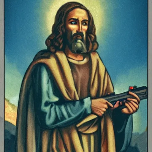 Image similar to jesus with guns killing demons