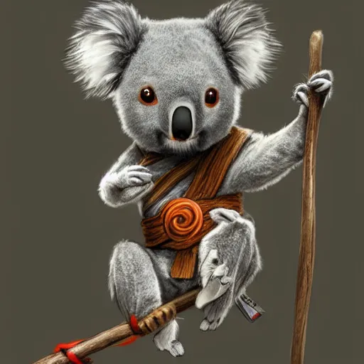 Image similar to a cute koala dressed in a shinobi outfit, by łukasz piskorz and patrick mcenvoy and michael komarck, intricate, highly detailed, artstation, concept art, smooth, sharp focus photorealistic centered