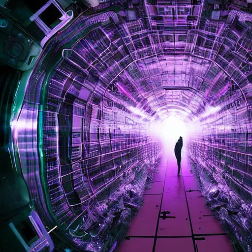 Prompt: interdimensional beings crawling out from the Large Hadron Collider at cern with a purplish fog 4k extremely high level of detail