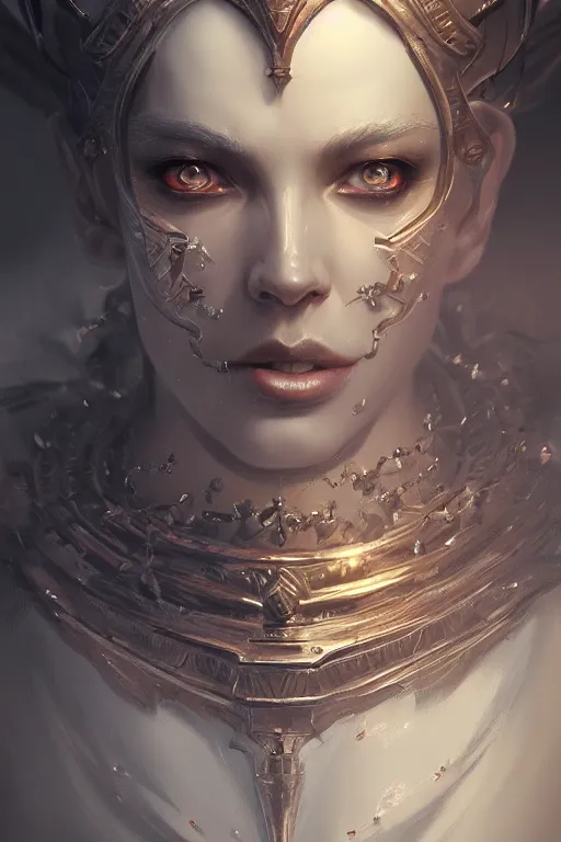 Image similar to highly detailed portrait of an elegant devil, ornate crown, beautiful symmetrical face, glowing skin, digital painting, artstation, concept art, smooth, clear focus, illustration, greg rutkowski, artgerm, global lighting, detailed and fantasy