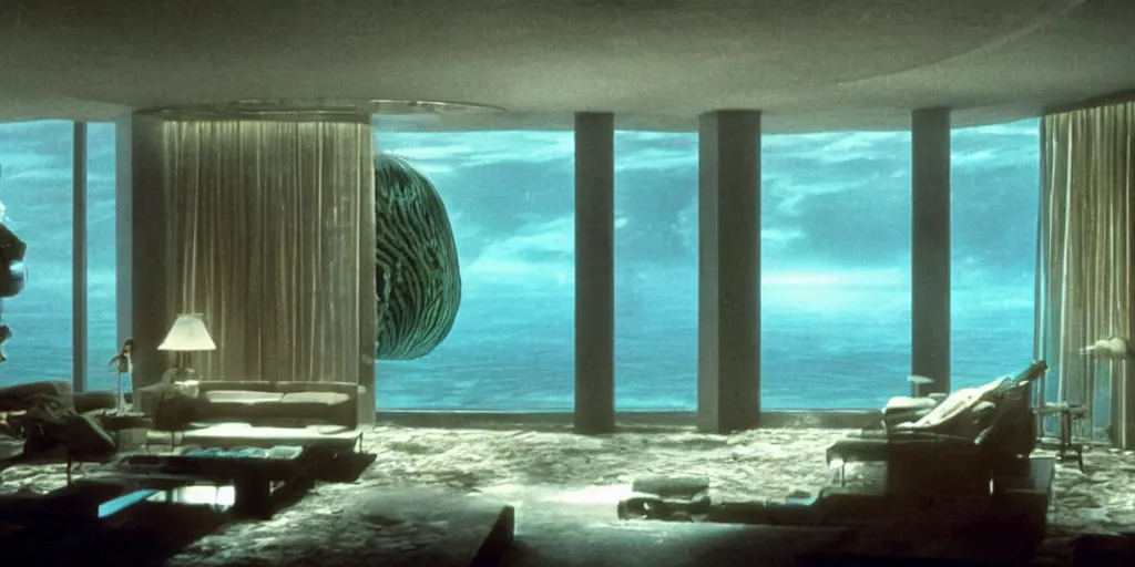 Prompt: an underwater luxury apartment with large windows, 1 9 8 0 s science fiction, windows overlooking a lush ocean jellyfish coralle landscape, sci - fi film still, screenshot from a science fiction movie, ridley scott,