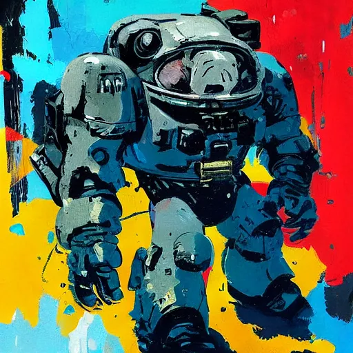 Image similar to Manatee Space Marine by Ashley Wood, Yoji Shinkawa, Jamie Hewlett, 60's French movie poster, French Impressionism, vivid colors, palette knife and brush strokes, Dutch tilt