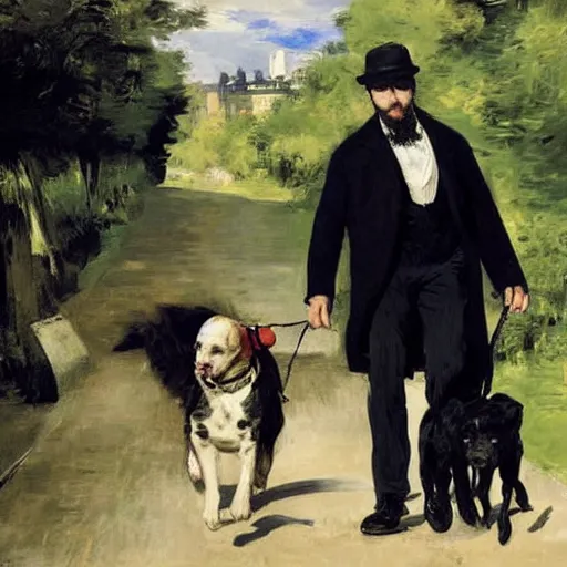 Image similar to Tom Hardy walking a dogs by Edouard Manet