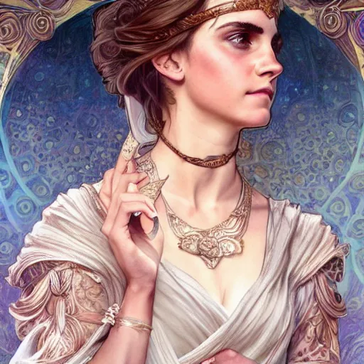 Image similar to Emma Watson as a roman Goddess, cute, fantasy, intricate, elegant, highly detailed, digital painting, 4k, HDR, concept art, smooth, sharp focus, illustration, art by artgerm and H R Giger and alphonse mucha