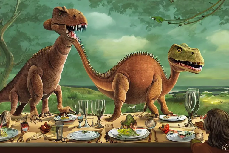 Image similar to a high quality highly detailed illustration of a dinosaur at a fancy dinner by mark teague, digital art, award winning childrens book