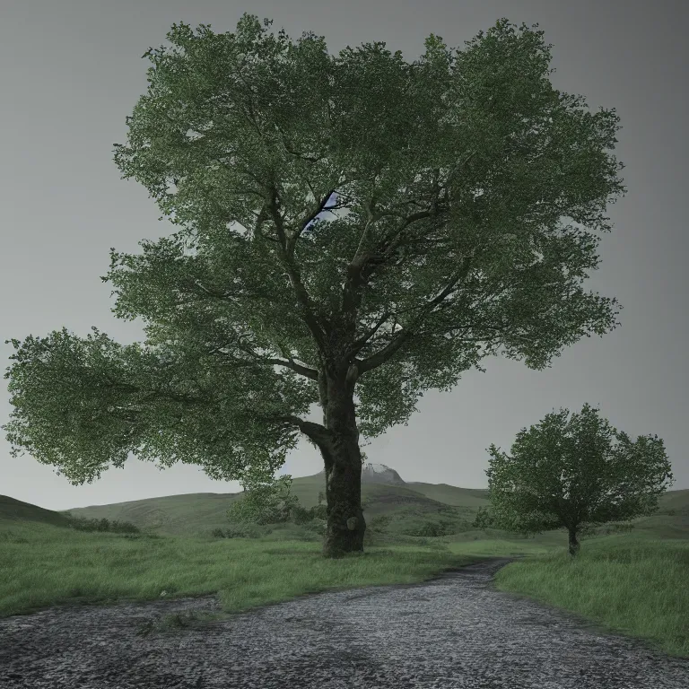 Prompt: A lonesome Ash tree, watching over the path to Kentmere Hall, photo realistic, highly detailed, trending on artstation, ultra realistic, octane render.