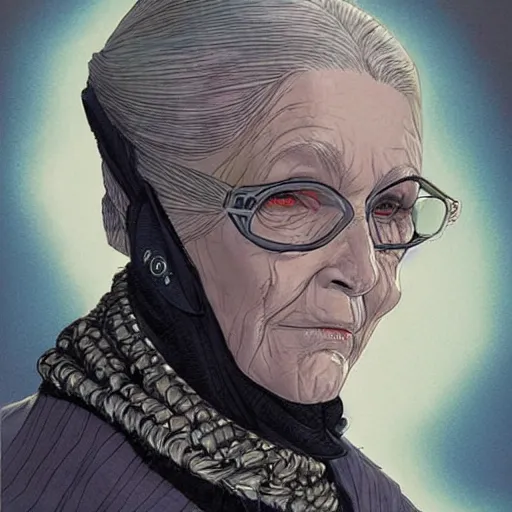 Prompt: a beautiful portrait of a futuristic old woman Travis Charest style