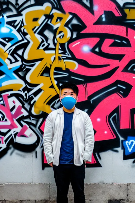 Image similar to asian guy with oni mask stand in front of wall with full of graffiti tag and mural, photorealistic, smooth, 4 k, aesthetic lighting, baroque object, facial features, hyperdetailed, professional photography, pullitzer winning, photo by : canon eos 5 d mark iv, by karah mew and adnan abidi and jodie bateman