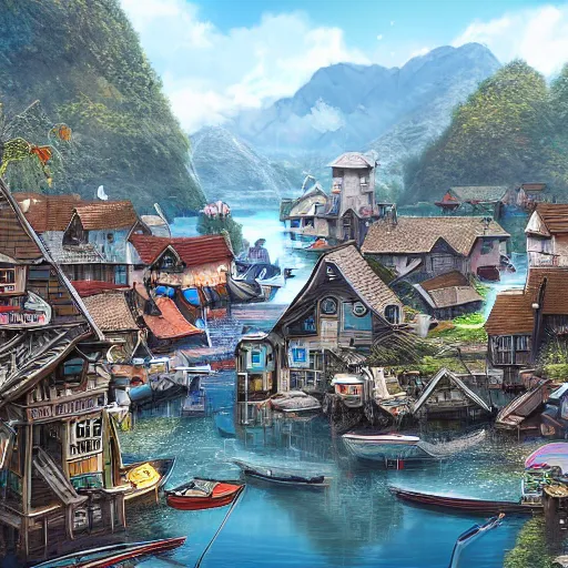 Prompt: a peaceful fishing village, digital painting, hyper detailed