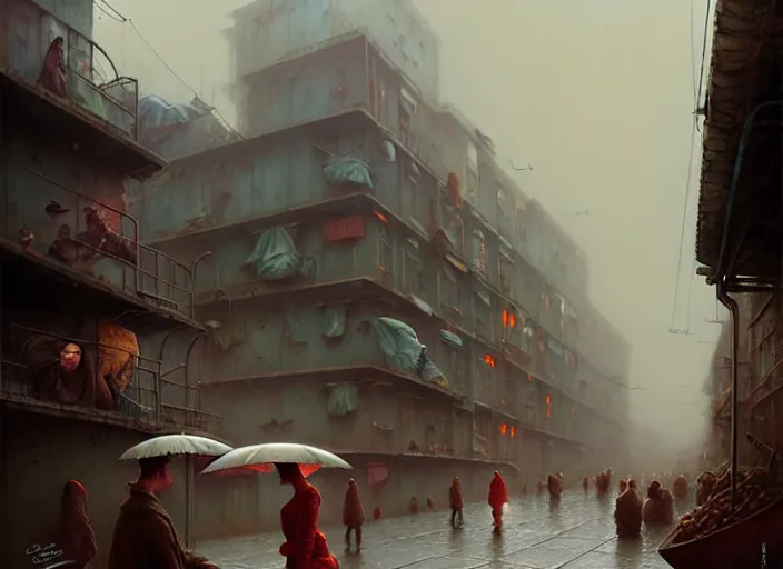 Prompt: waiting in line for cold soup by gil elvgren and tom bagshaw marc simonetti and quint buchholz, slums, highly detailed, hyperrealism, dreary, cold, cloudy, grey, smog, high contrast, solarpunk