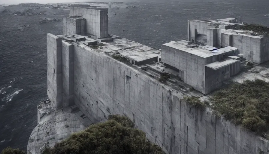 Image similar to big brutalist imperial military base on cliffs, drawing architecture, very long shot, top angle, imperial architecture in rogue one, pritzker architecture prize, brutalism, jan urschel