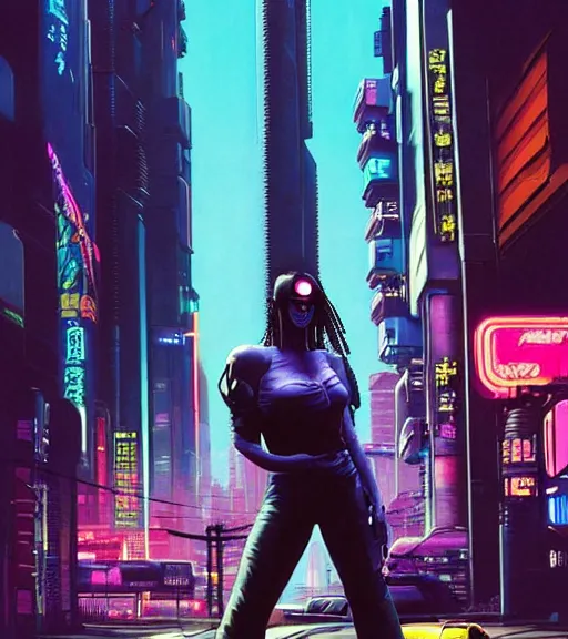 Image similar to a portrait of a cyberpunk merc, Night City, cyberpunk 2077, very very coherent painting, 1979 OMNI Magazine Cover, street level neo-Tokyo in cyberpunk 2020 style by Vincent Di Fate by mark arian by artgerm, 4k, 8k, HD, trending on artstation