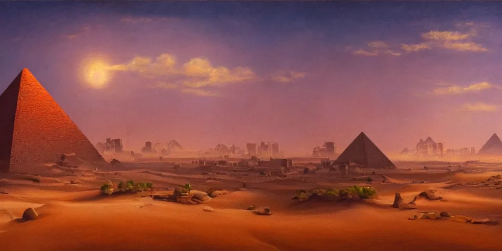 Image similar to an oil painting of a small city in the desert with only one pyramid in the center and walls that surround the city and a dark red sun, fantasy,hyper realistic, atmospheric lighting, cinematic, 8k,