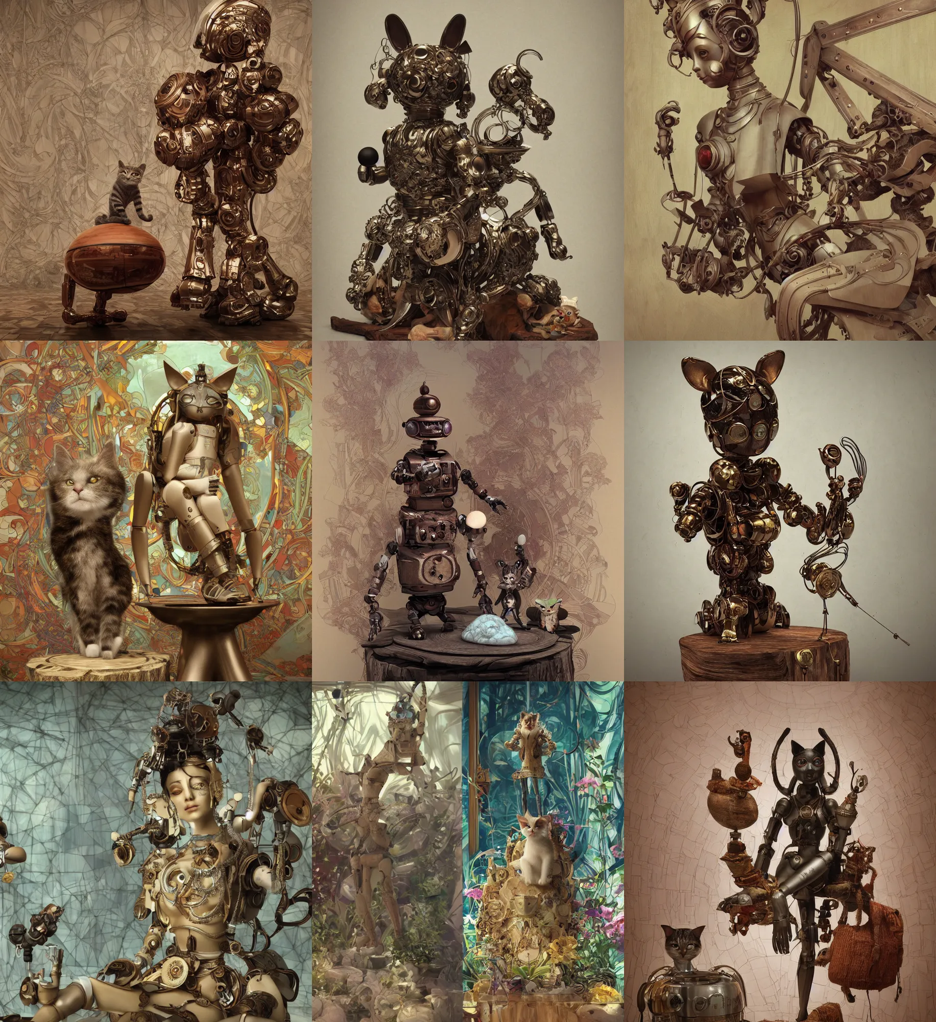 Prompt: 3D octane render ultra 8K photorealistic hyperdetailed unreal engine ,a wooden sculpture,art toys on a pedestal ,a very cute mystical robot of the bohemian with cat’s ears in a zen rebelle heroic pose ,concept art ,trending on cgsociety ,artwork masterpiece , in a contemporary art gallery in neo Paris by Alphonse Mucha