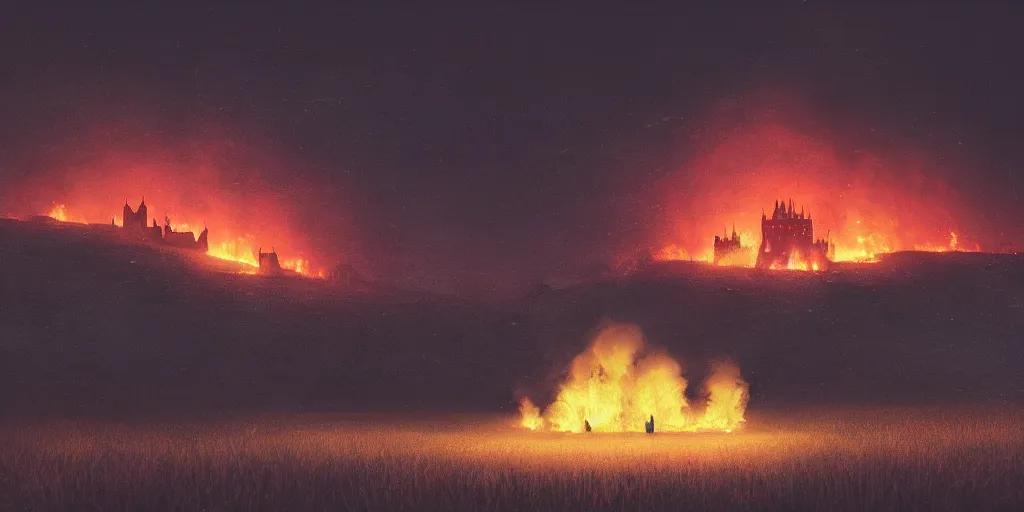 Image similar to a royal grand medieval castle on fire at night, pitch black, intense lighting, on top of a hill, from a distance, intense smoke, burning down, intense flames, center focus, landscape by simon stalenhag, rendered by beeple, by makoto shinkai, digital art