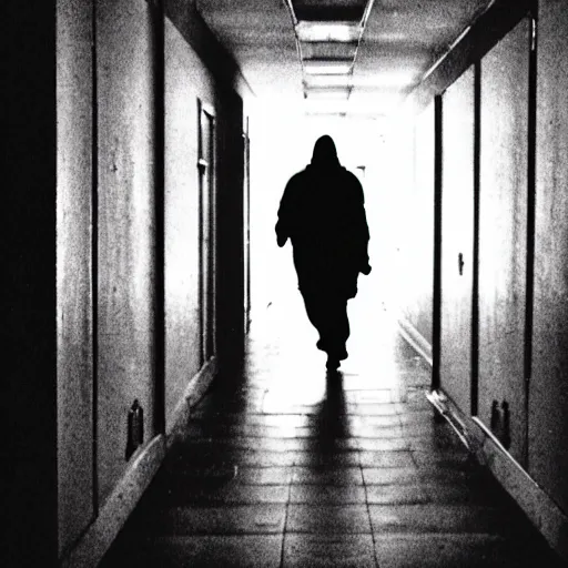 Prompt: photo of a dark hallway with a demonic shadow figure at the end of it