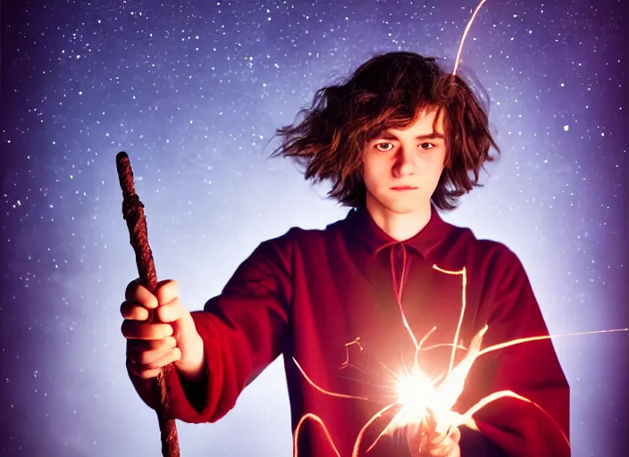 Prompt: a young adult wizard with very detailed face, hair clothes and shoes holds their wand fiercely in their hand from which a blast of bright magic flies from the end of the wand, on an empty moonlit hill, dramatic lighting, lens flare, 3 5 mm full frame professional photography, kodachrome