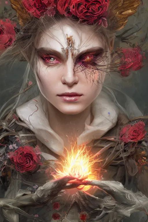 Image similar to face closeup of beautiful girl necromancer, witch - doctor exploding into flowers, angels, 3 d render, hyper - realistic detailed portrait, holding fire and electricity, forest, wings, roses, leaves and magic, ruan jia, wlop. scifi, fantasy, magic the gathering, hyper detailed, octane render, concept art, peter mohrbacher
