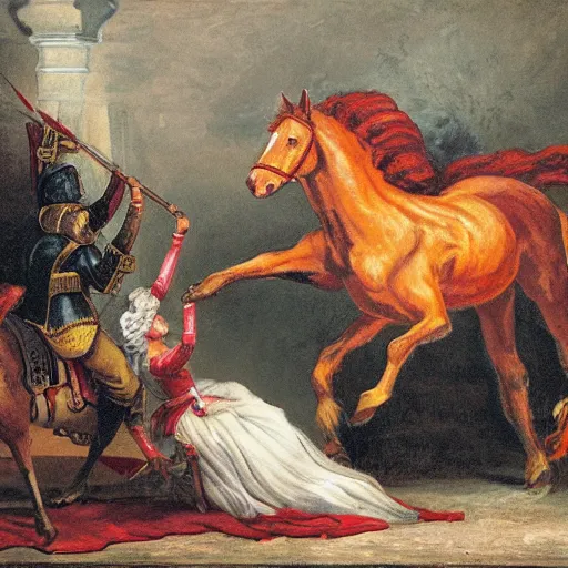 Prompt: the flaming horse overcomes the queen of the palace