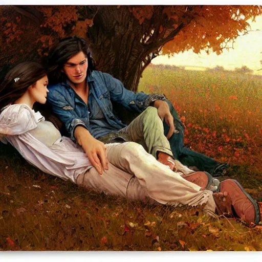 Image similar to young man and woman with long brown hair, laying under a tree looking at clouds autumn, ( ( ( wearing jeans ) ) ), by stanley artgerm lau, greg rutkowski, thomas kindkade, alphonse mucha, loish, norman rockwell