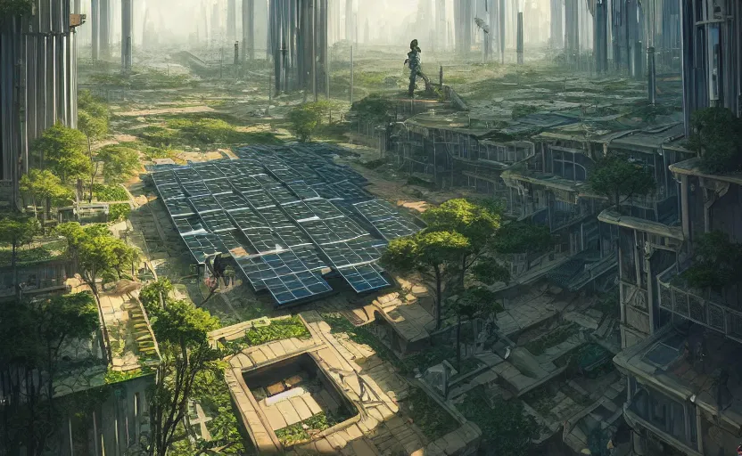 Prompt: solarpunk city with lush park in the center, walkable pathways, rooftop solar panels, cylindrical metropolis, highly detailed, digital painting, artstation, concept art, smooth, sharp focus, illustration, art by wlop, mars ravelo and greg rutkowski