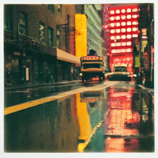 Prompt: grainy abstract experimental expired film photo of a taxi on a back ally, in 1 9 6 0 s new york city by saul leiter, 5 0 mm lens, cinematic colors, reflection, rain drops, cinestill 8 0 0 t