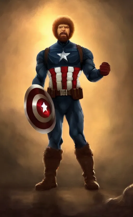 Image similar to bob ross as captain america, dynamic lighting, cinematic, ultra detailed, trending on art station, stunning visuals, creative, fantasy concept art