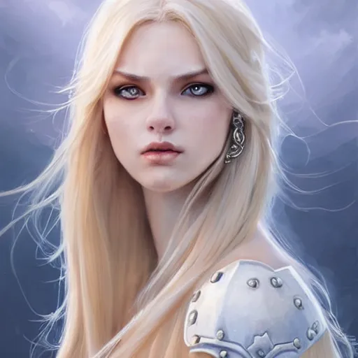 Prompt: fantasy woman, long blonde hair, white armor, highly detailed, perfect facial detail, beautiful, elegant, high fantasy, style of artgerm, rutkowski, giacometti,