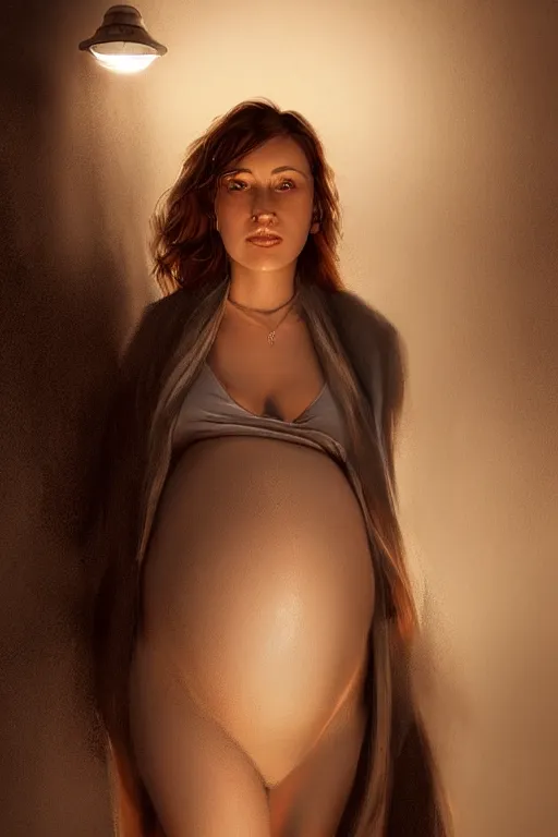 Prompt: pregnant woman under street light, highly detailed, sharp focused, ultra realistic digital concept art by Theodore Ralli