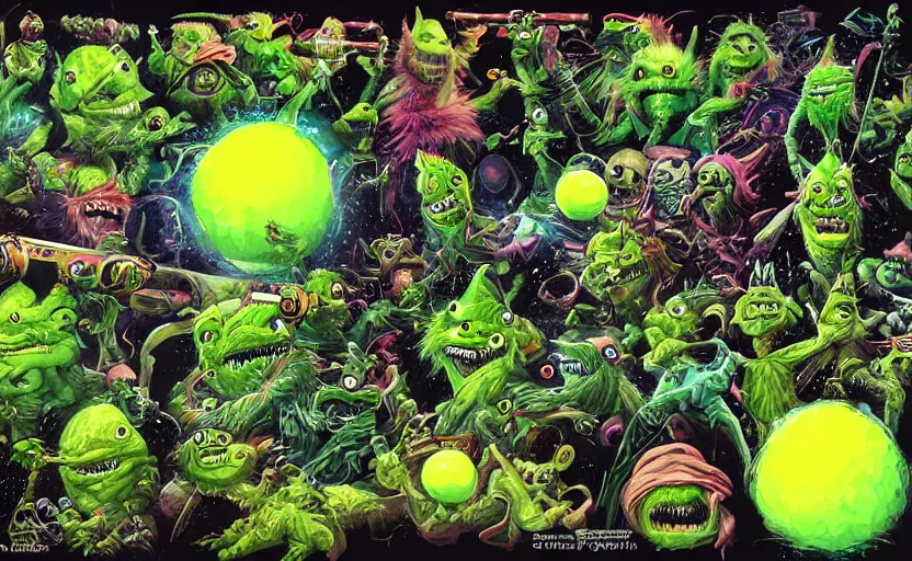 Image similar to an army of different green tennis ball monsters, in space, digital art, fantasy, magic, chalk, trending on artstation, ultra detailed, detailed, fine details, professional illustration by basil gogos