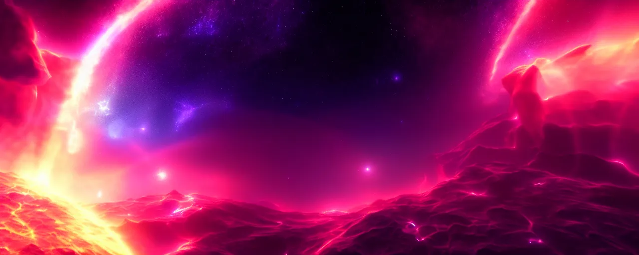 Image similar to cinematic render of beautiful atmospheric space, nebula, homeworld skies, volumetric lighting, 4 k, 8 k, hd