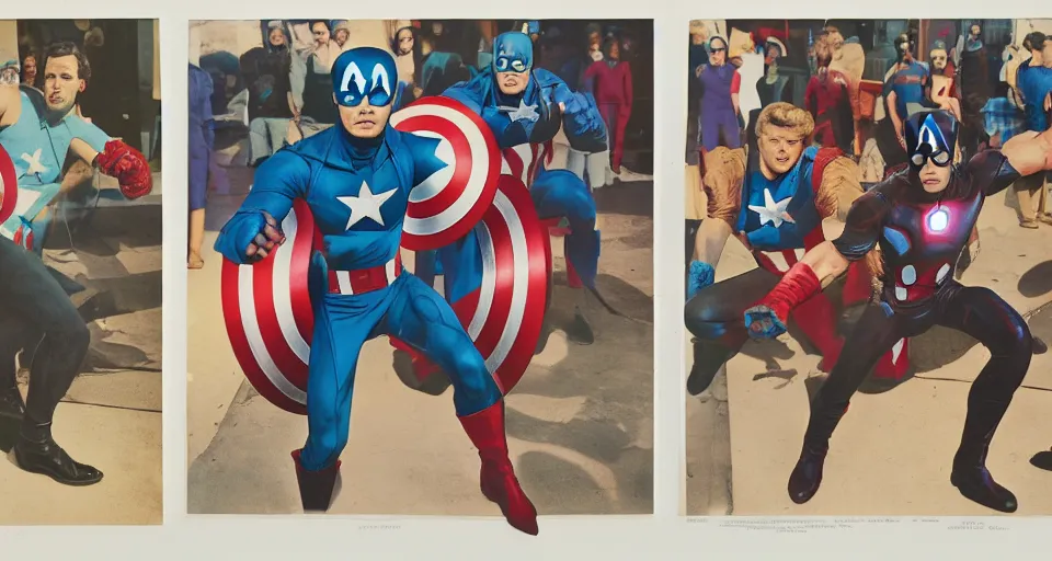 Prompt: A three color offset photography of the Avengers, exhibition, 60s style