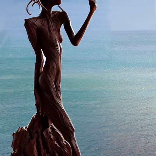 Image similar to by richard s. johnson ornate. a beautiful sculpture of a human - like creature with long, stringy hair. the figure has no eyes, only a mouth with long, sharp teeth. the creature is standing on a cliff overlooking a dark, foreboding sea.