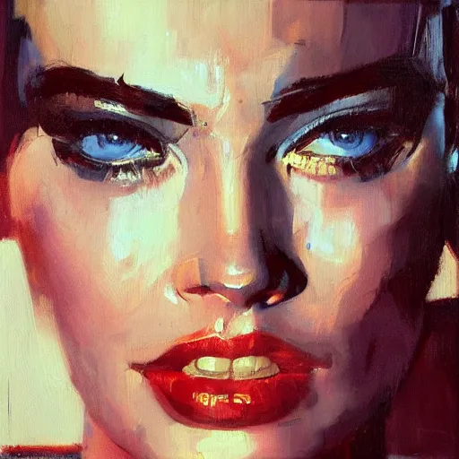 Image similar to greg manchess portrait painting of margot robbie as t - 8 0 0 terminator, medium shot, asymmetrical, profile picture, organic painting, sunny day, matte painting, bold shapes, hard edges, street art, trending on artstation, by huang guangjian and gil elvgren and sachin teng