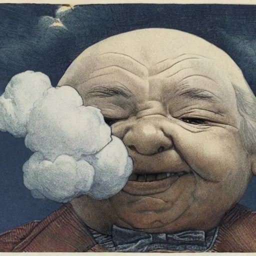 Image similar to candid portrait of white ball with face smiling eyes closed, surrounded by clouds, illustrated by peggy fortnum and beatrix potter and sir john tenniel