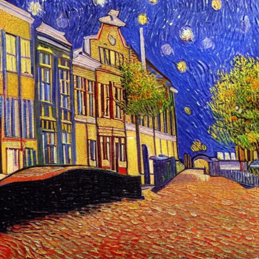 Prompt: a painting of schiedam in the style of van gogh