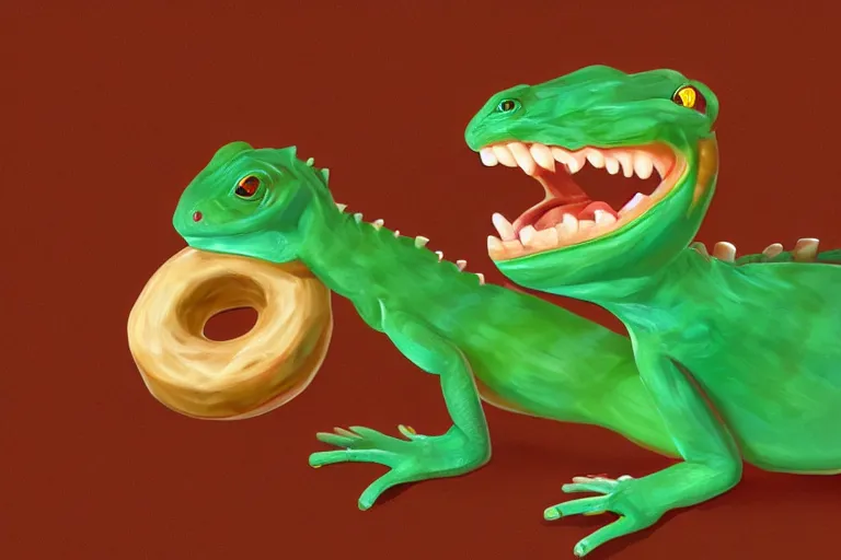 Image similar to lizard screaming into a donut, highly detailed digital art, soft lighting, spotlit
