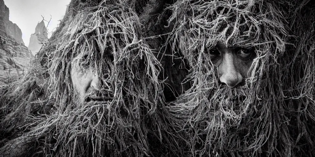 Image similar to photography of wood hay monsters, edelweiss growing from their head, forest, dolomites, alpine, detailed intricate insanely detailed octane render, 8k artistic 1920s photography, photorealistic, black and white, chiaroscuro, hd, by David Cronenberg, Raphael, Caravaggio