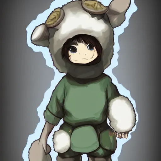 Prompt: little boy wearing sheep suit. white, gray, blue, green and brown pallet color. made in abyss art style, inspired in chris from deltarrune, artgerm