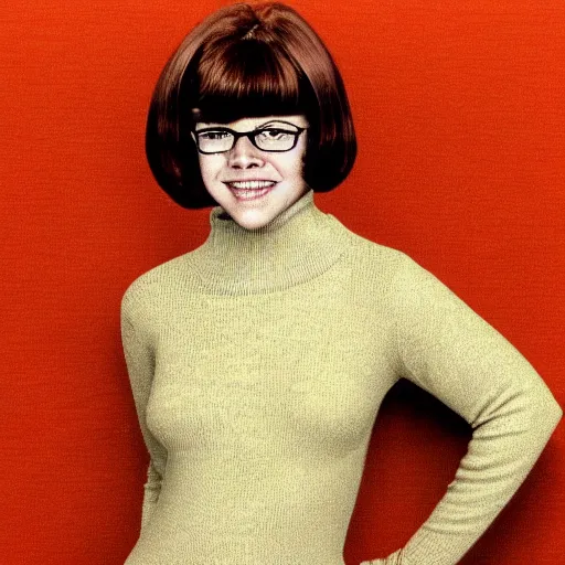 Prompt: Stunning Scene of Velma Dinkley wearing her iconic orange sweater from Scooby Doo in court for falsely accusing someone of being a criminal by Greg Rutkowski. Velma is a teenage female, with chin-length auburn hair and freckles. She is somewhat obscured by her fashion choices, wearing a baggy, thick turtlenecked orange sweater, with a red skirt, knee length orange socks and black Mary Jane shoes. Soft render, Pixiv, artstation