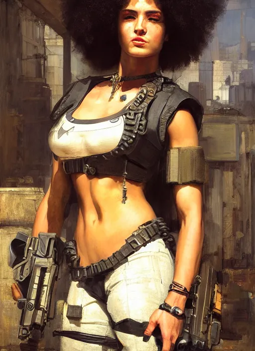 Prompt: buff Maria. beautiful cyberpunk soldier wearing a military vest and military gear (cyberpunk 2077). gorgeous face and afro. Iranian orientalist portrait by john william waterhouse and Edwin Longsden Long and Theodore Ralli and Nasreddine Dinet, oil on canvas. Cinematic, hyper realism, realistic proportions, dramatic lighting, high detail 4k