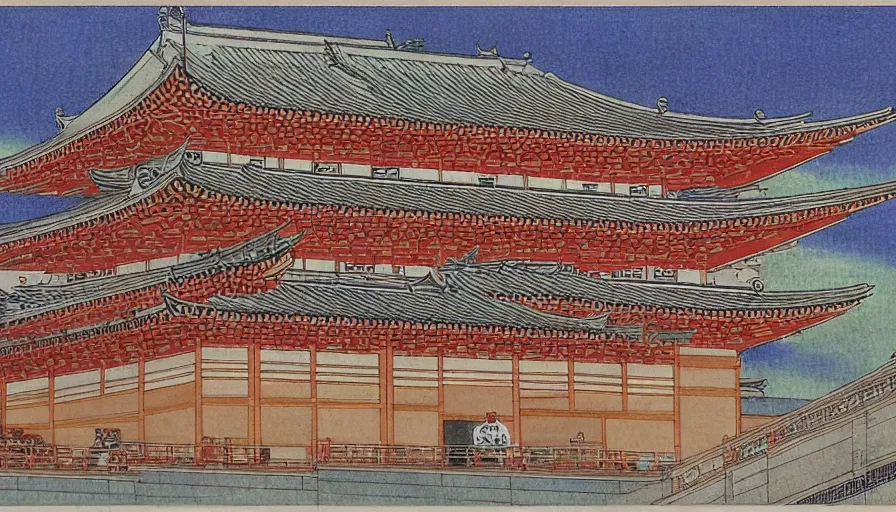 Prompt: the kabuki - za building by hiroshi yoshida, detailed