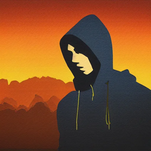 Image similar to digital art cyberpunk landscape silhouette of young man in a hoodie in the foreground