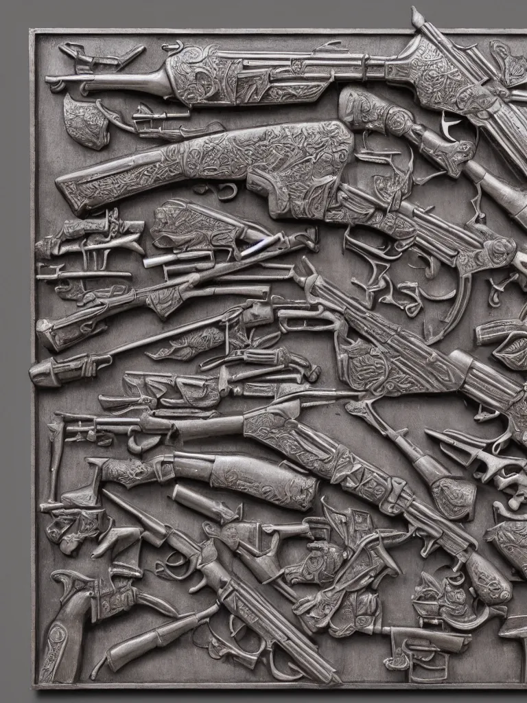 Image similar to relief sculpture carving in cast iron steel of machine guns shotguns rifles revolvers bullets, industrial dramatic dynamic lighting, hyperrealistic, ultrarealistic, intricate details, 4k