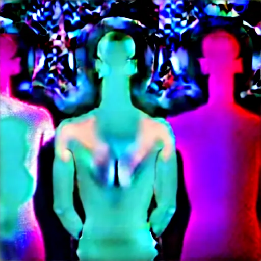 Image similar to diverse groups of humans with glowing electronic body implants projecting amazing images collectively, from behind, rebirth, beauty, wide angle, elaborate, wet, highly detailed, colors, beautiful lighting