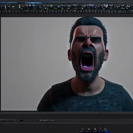 Image similar to an angry man yells at his computer monitor, unreal 4, render