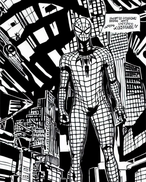 Image similar to black and white cyberpunk spiderman future foundation suit sleek greeble suit