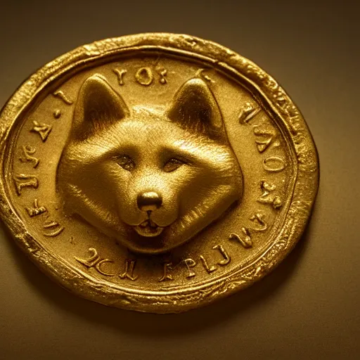 Prompt: an ancient roman gold coin with the face of a shiba inu, close up photo, ultra realistic, studio photo, bokeh. intricate details.